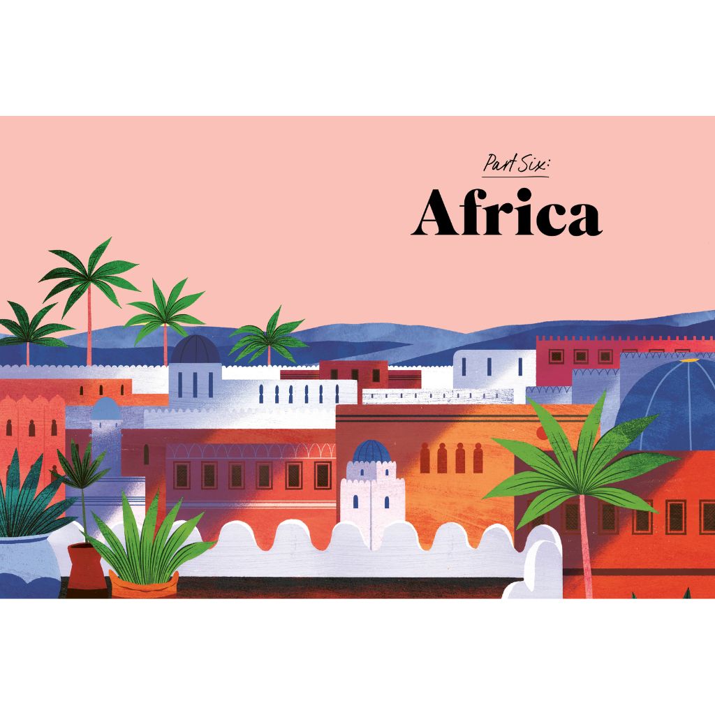 Illustration of an African landscape with buildings, palm trees, and mountains on a pink background.