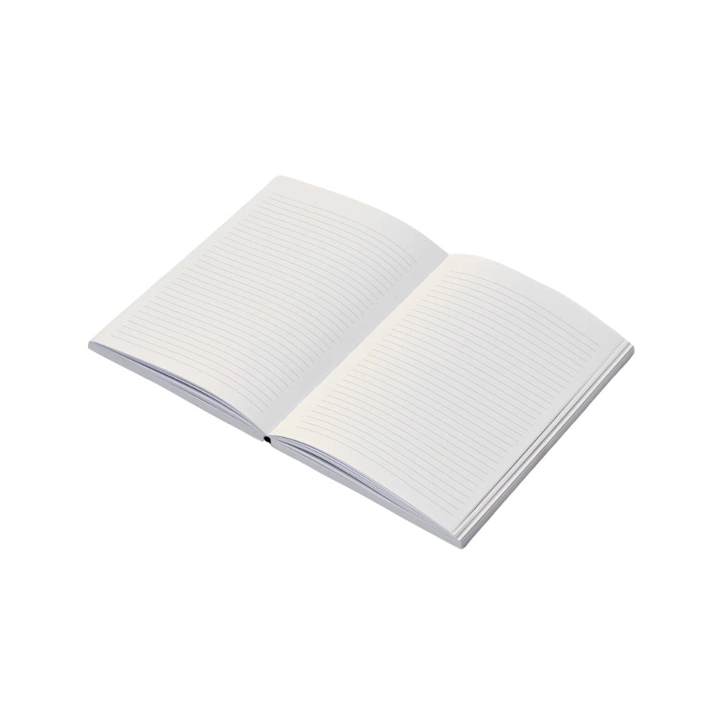 Open notebook with white pages on a white background