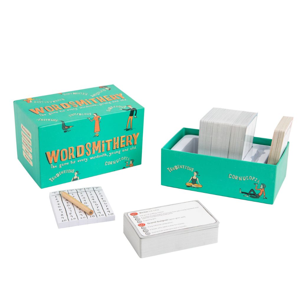 Wordsmithery game set with box, cards, and game pieces on a white background