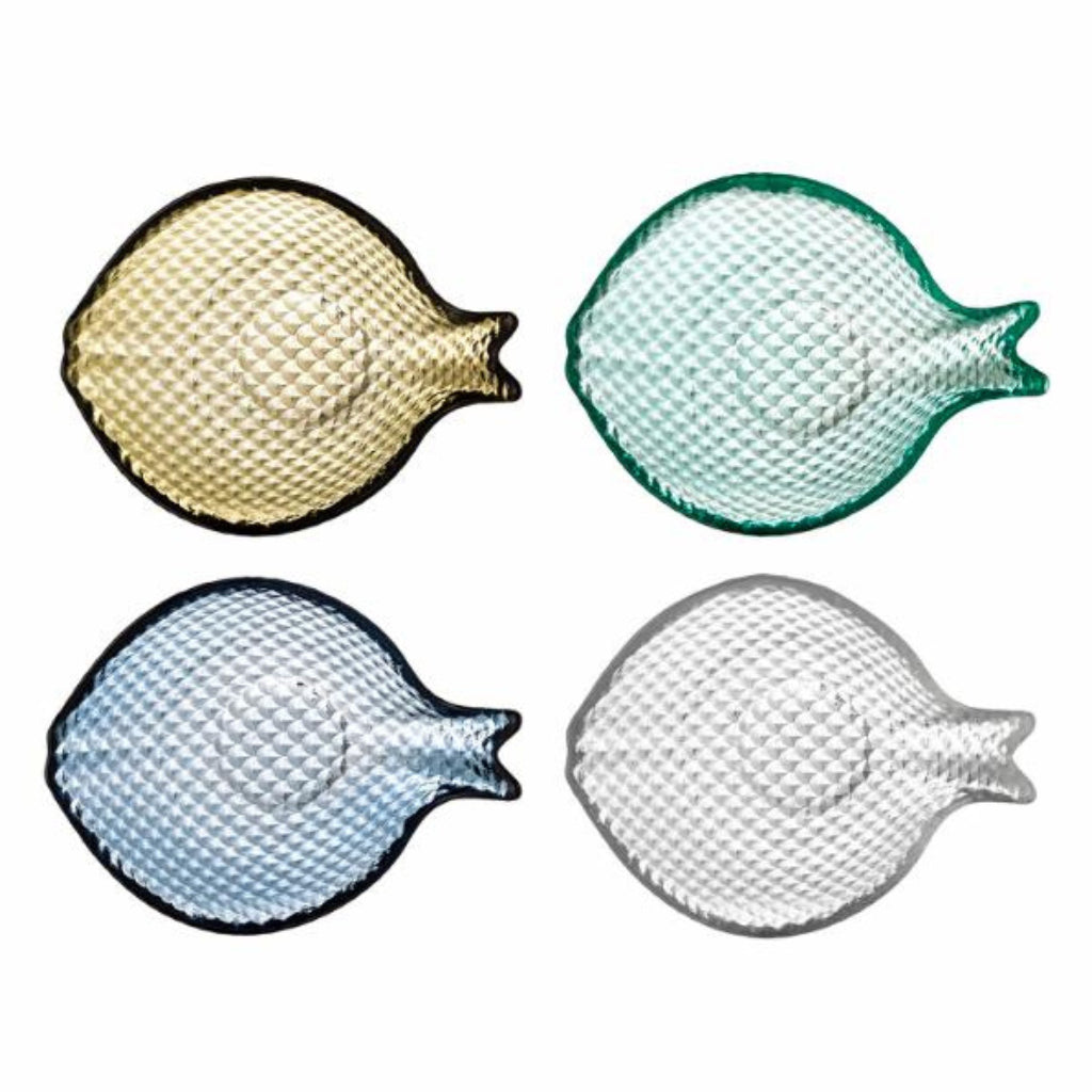 Four glass bowls-shaped like fish in different colours on a white background
