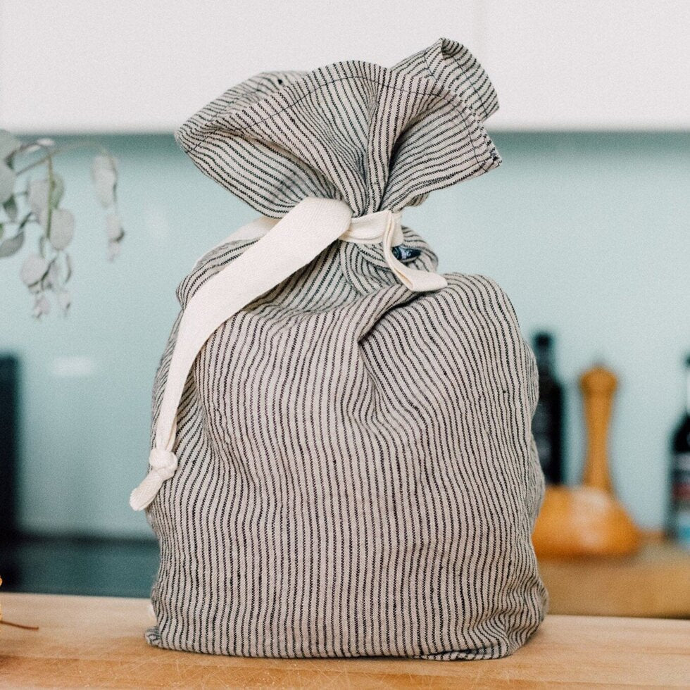 Pure Linen Bread Bag - Dark Blue & Natural Stripes