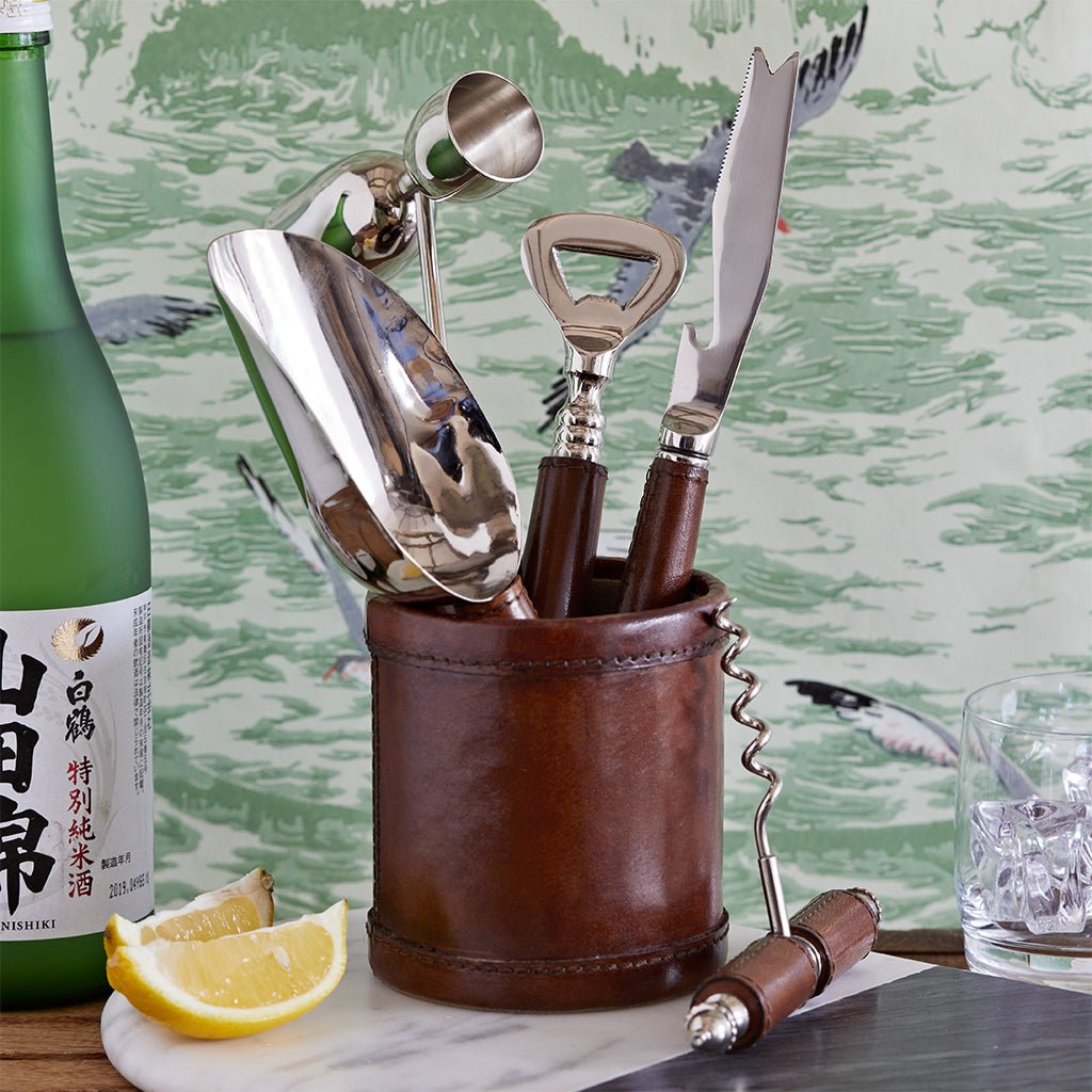 Entertain with leather bar ware, trays, cocktail tools and drinks case