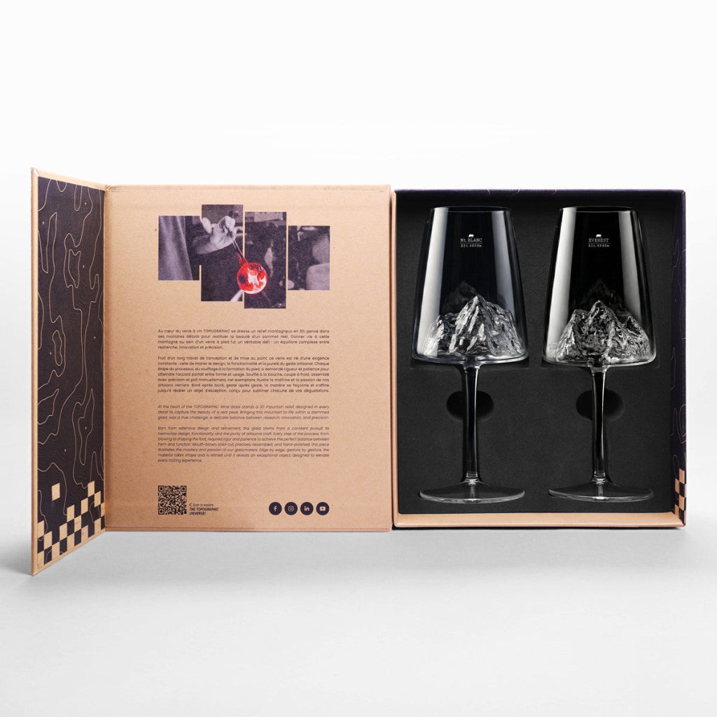 Packaging of two wine glasses with 
design on a white background