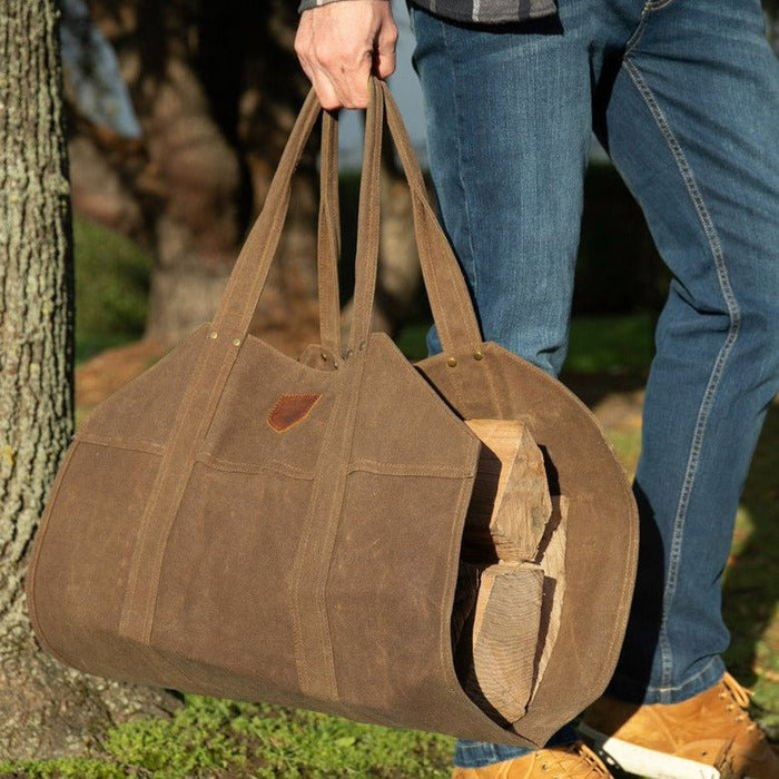 Waxed Canvas and Leather Strap Robust Log Carrier. Folds for storage