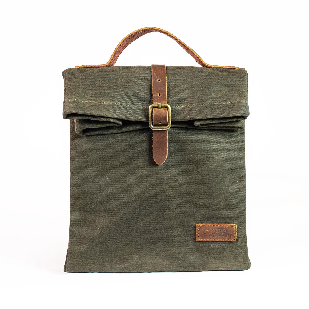 Khaki waxed canvas lunch cool bag with leather strap and buckle