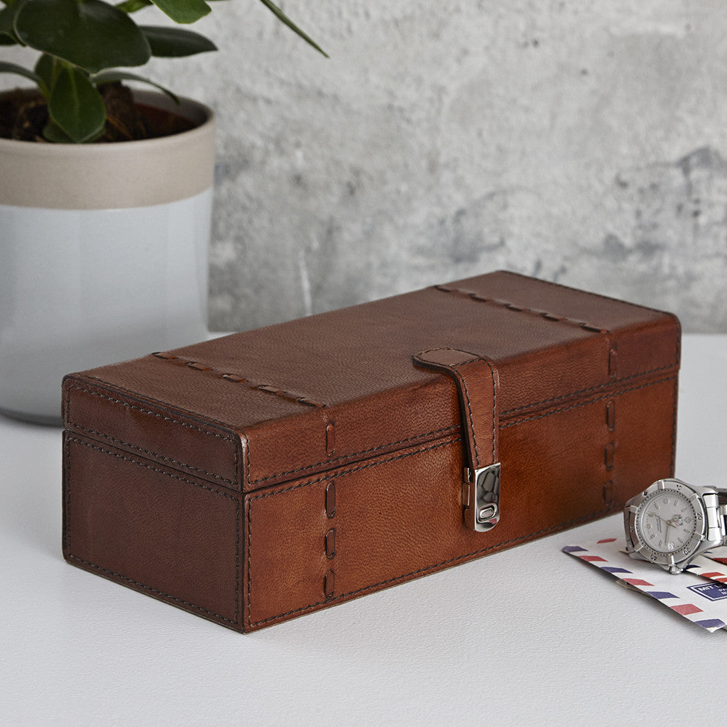 Leather watch box for three with lid closed