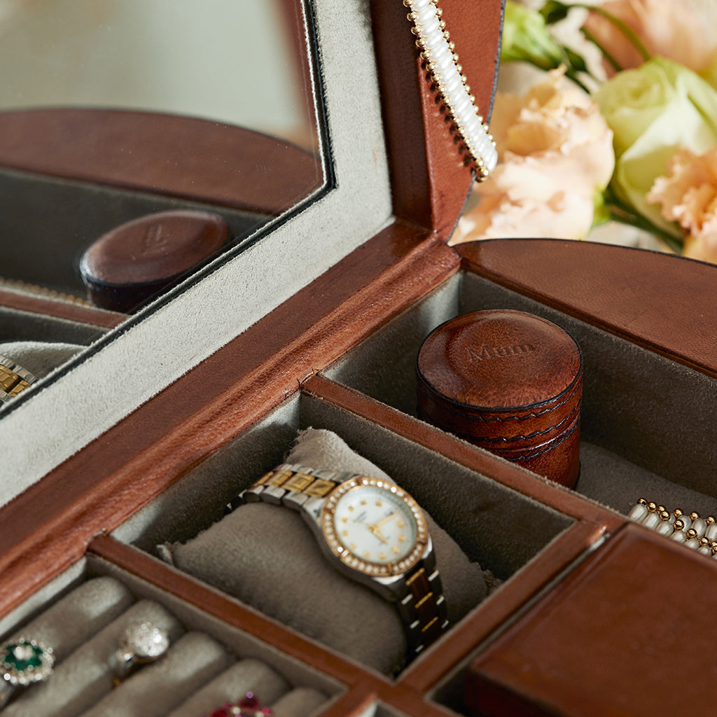 Leather jewellery chest with personalised tiny round box added