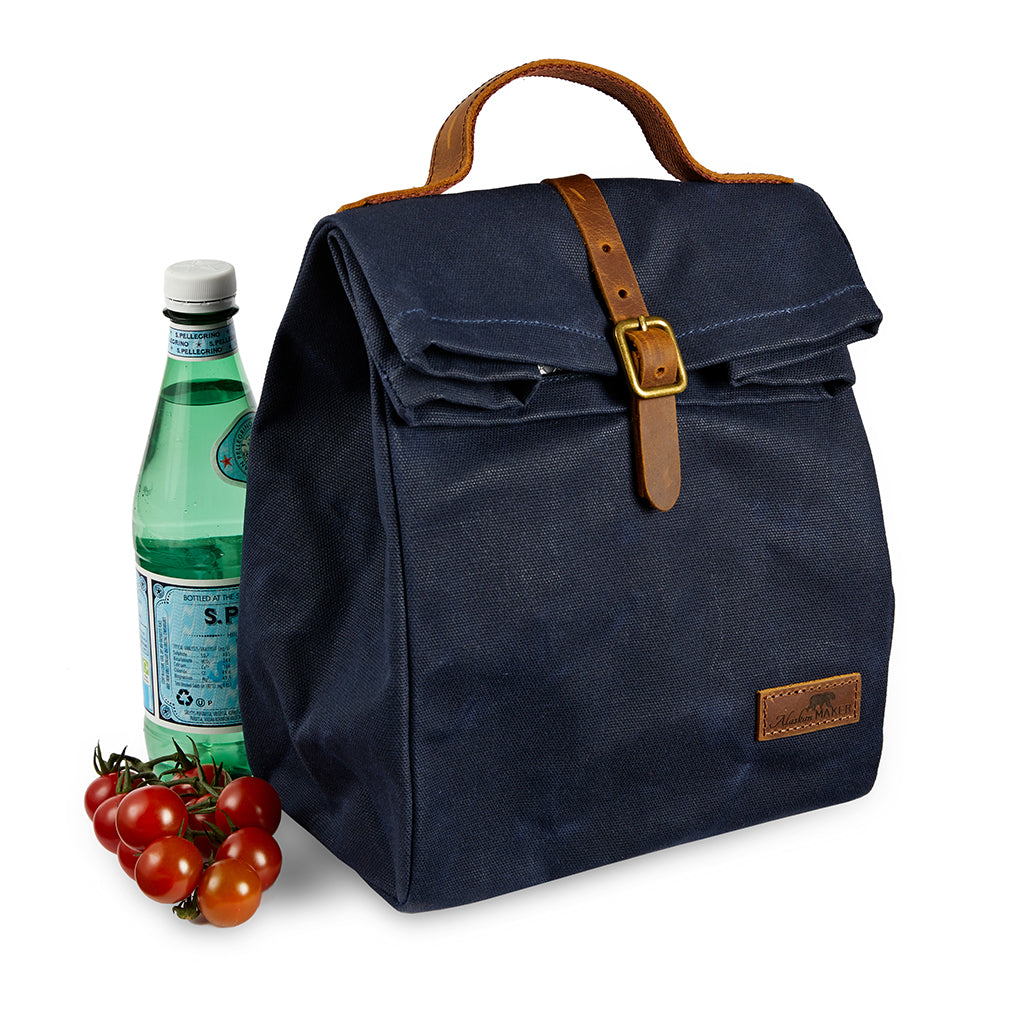 Waed canvas lunch cool bag in navy shown closed