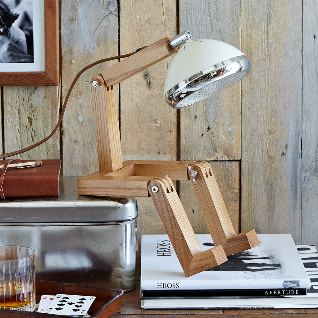 Retro table lamp with Ash body and vintage white lamp, shown with a leather key tray and leather journal 
