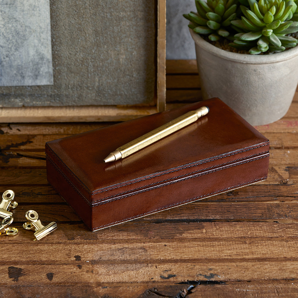 Leather memento box large size cloased with a pen on top