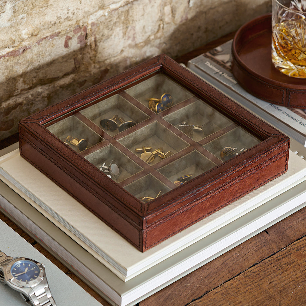 Leather trinjet organiser with glass lid perfect storage for cufflinks and mens jewellery