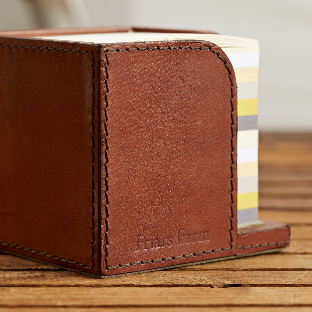 Leather memo block holder showing personalisation to the side of the box