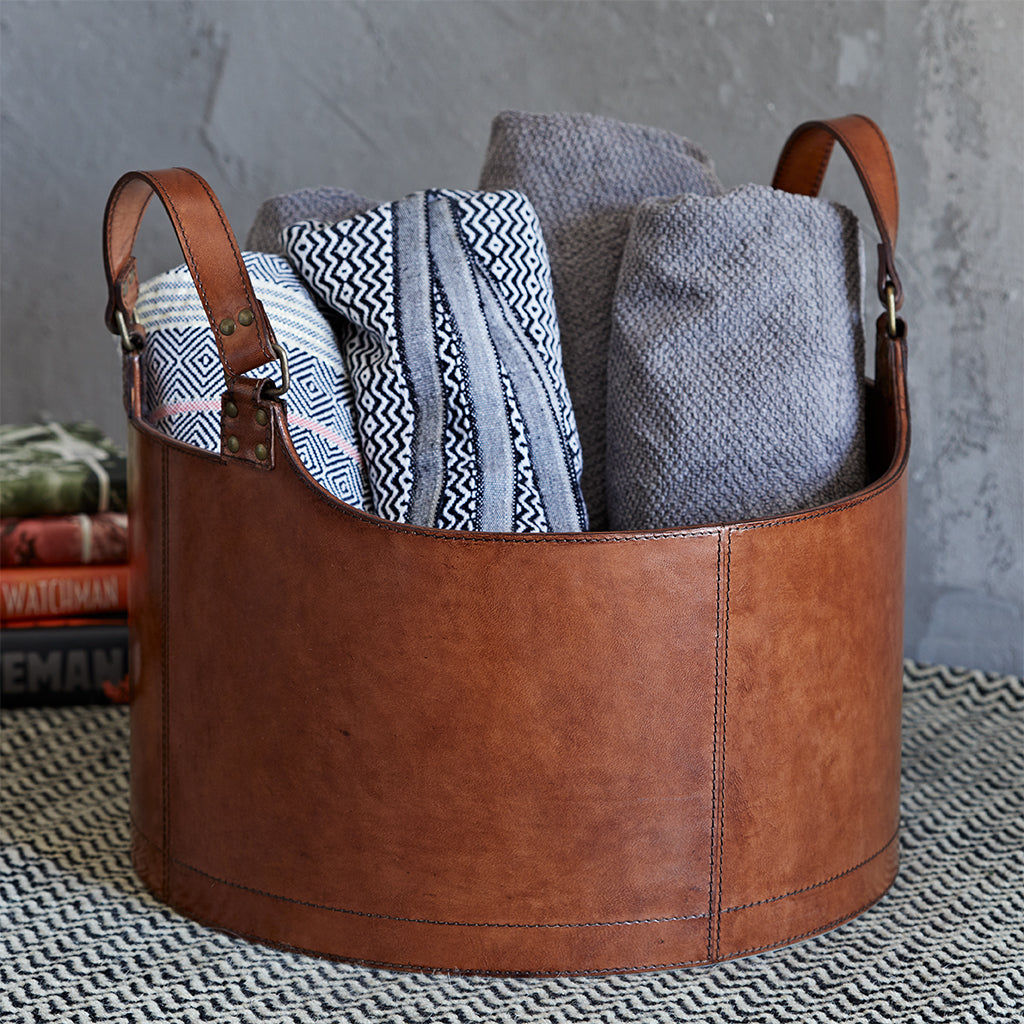 Round shallow storage basket with two handles