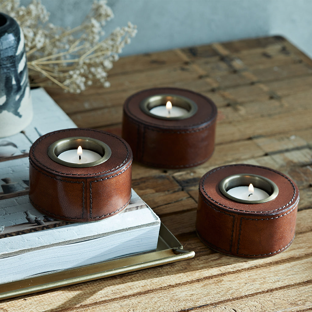 Set of three leather tealight included in cosy gift box with merino wool scarf a perfect gift for mum