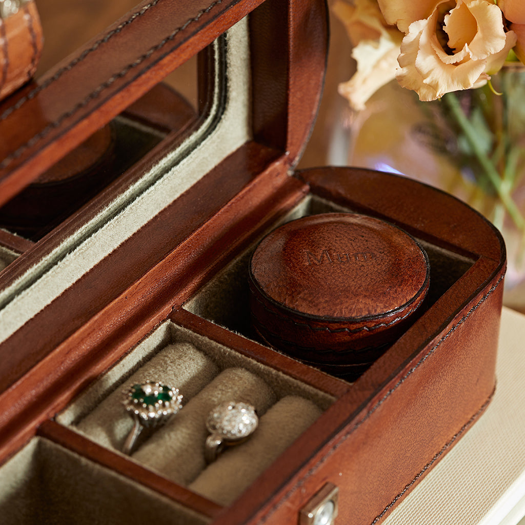 Leather small personalised jewellery box with inner personalised tiny round box