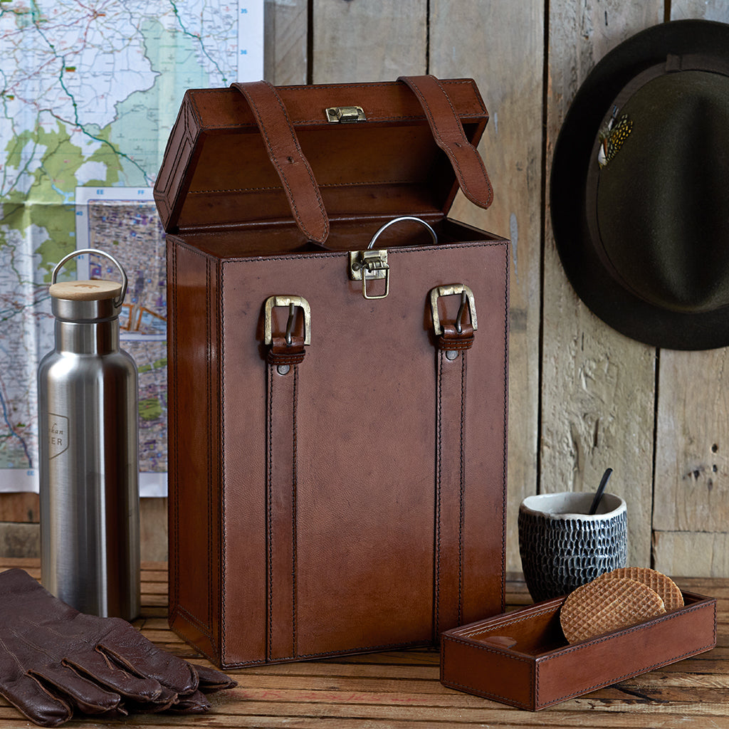 Leather Double Flask Carrier With Tray
