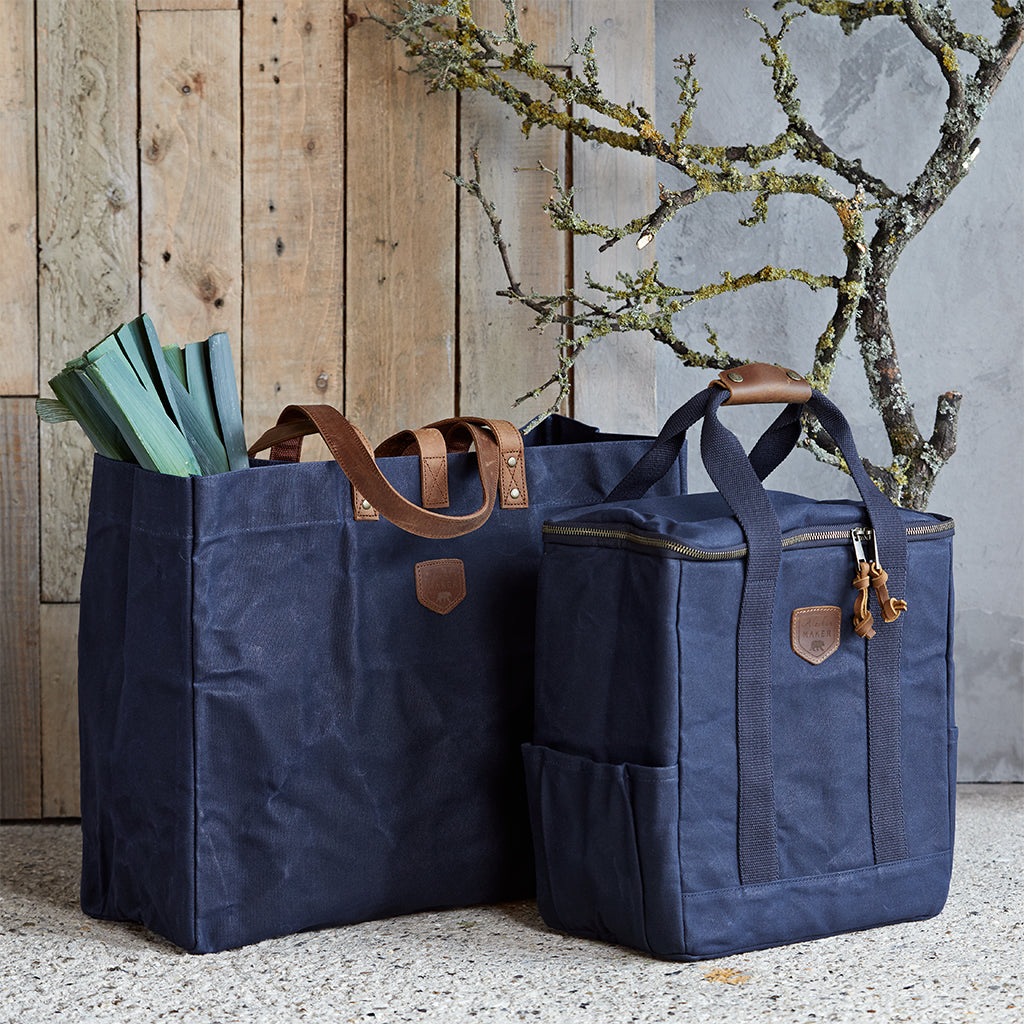 Waxed canvas picnic tote and cool bag picnic set in navy