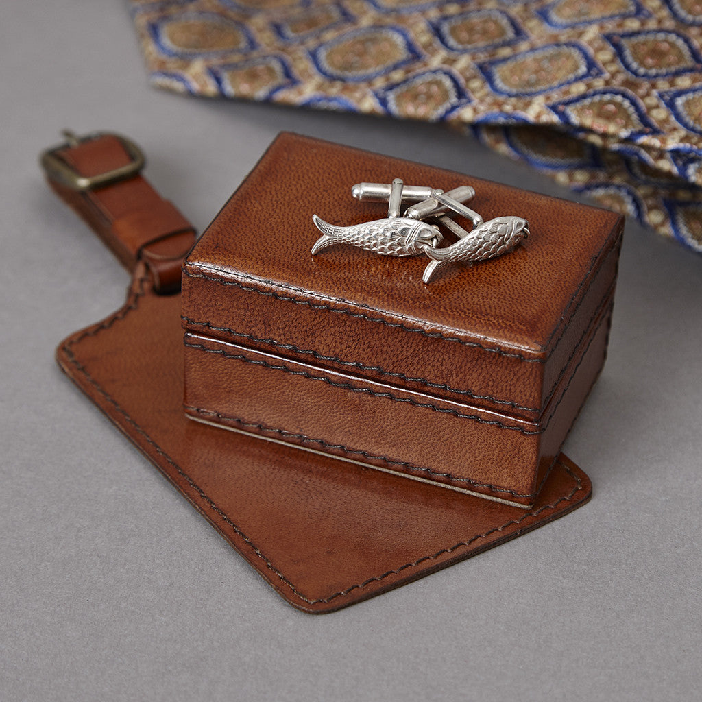 Leather two piece travel set with leather luggage tag and mini cufflink box in conker brown, case is shown closed here.