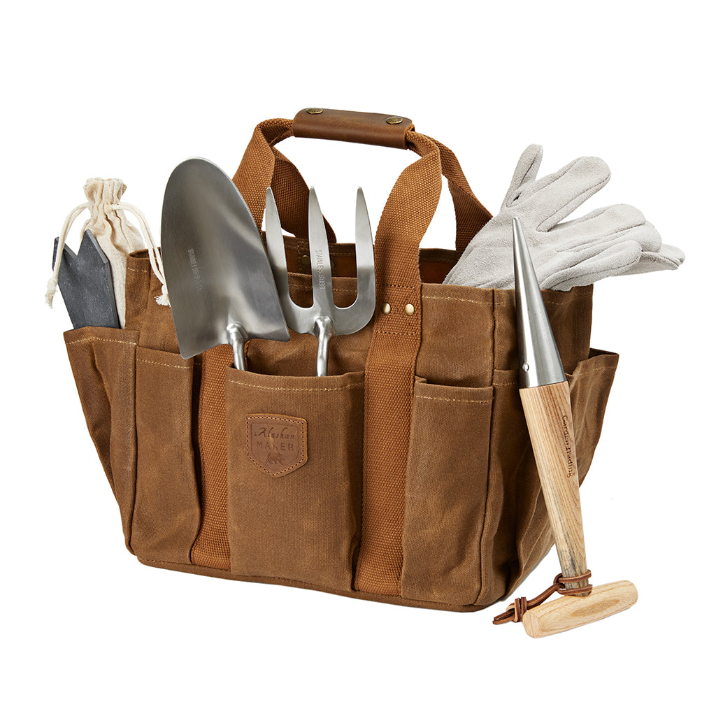 Ultimate Gardening Gift Brown Gardening Bag with Natural Colour Gardening Gloves and Tool Included Cutout 