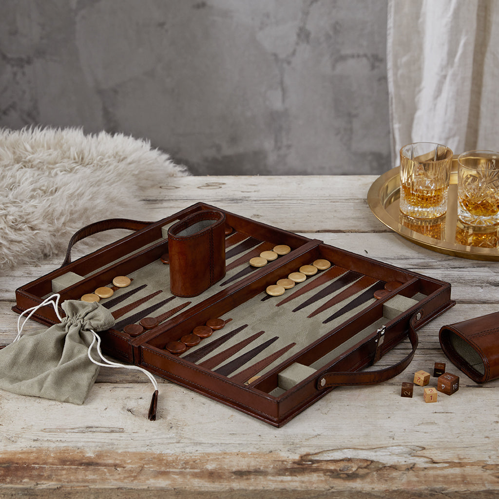 Leather Backgammon Set open with leather dice shaker.