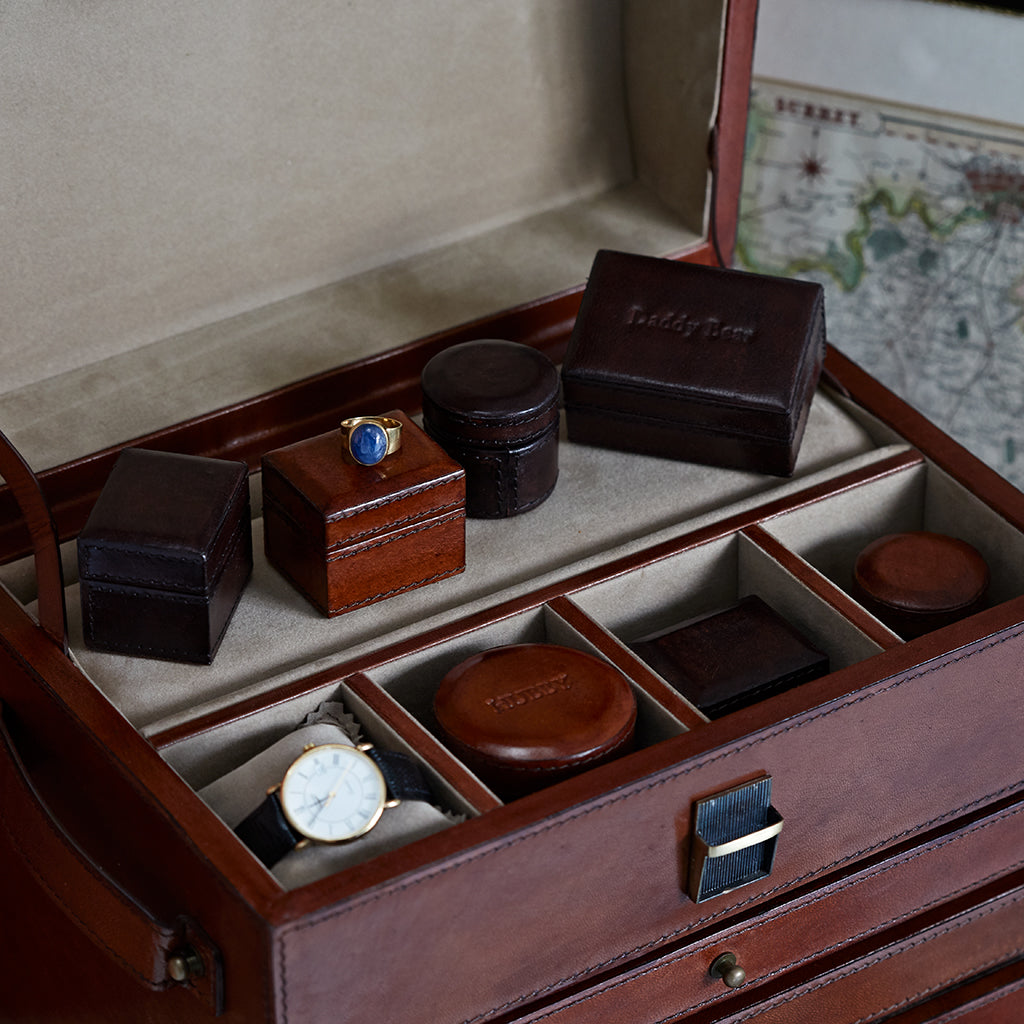 Leather jewellery organise with various additions of personalised tiny boxes