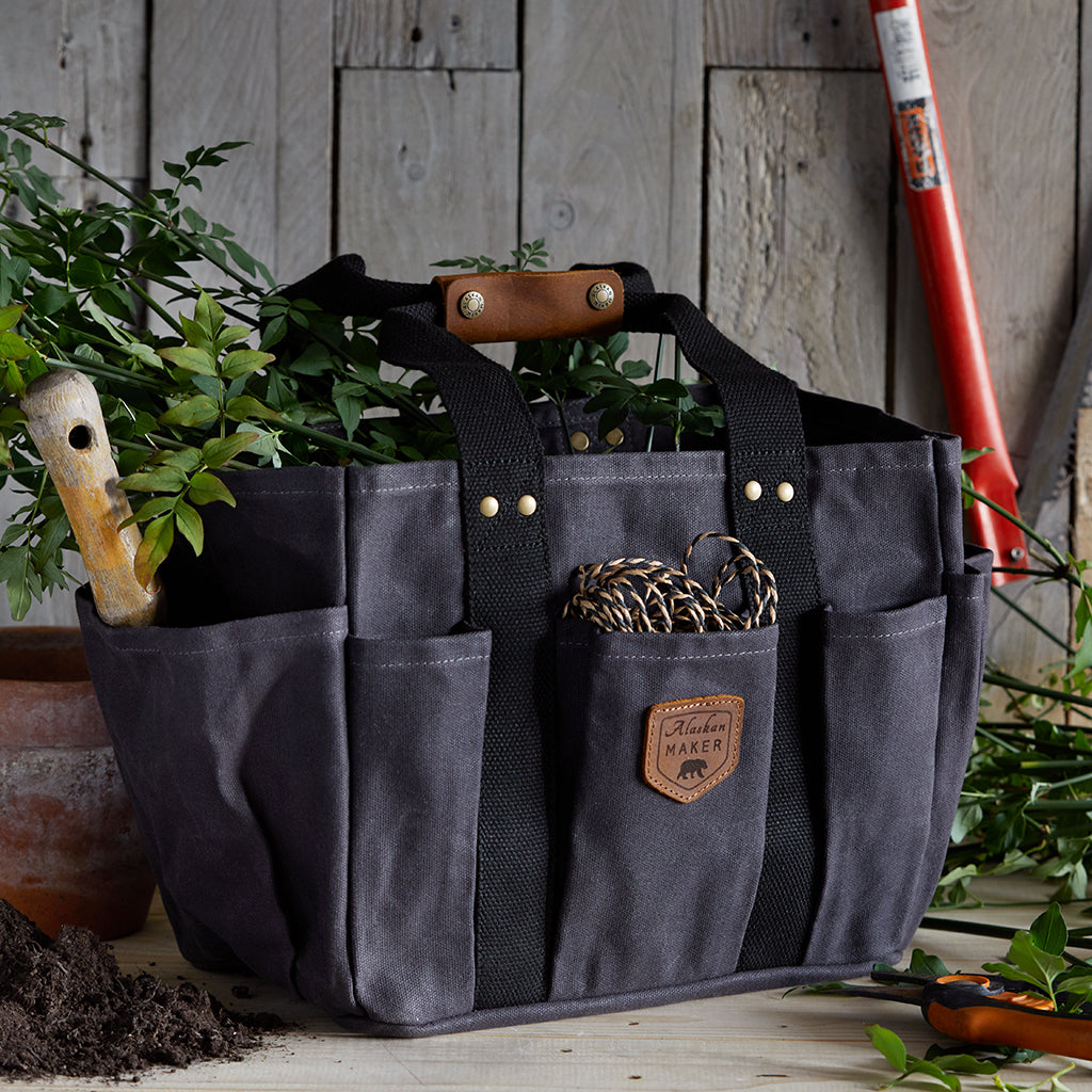 Waxed canvas gardening bag in charcoal
