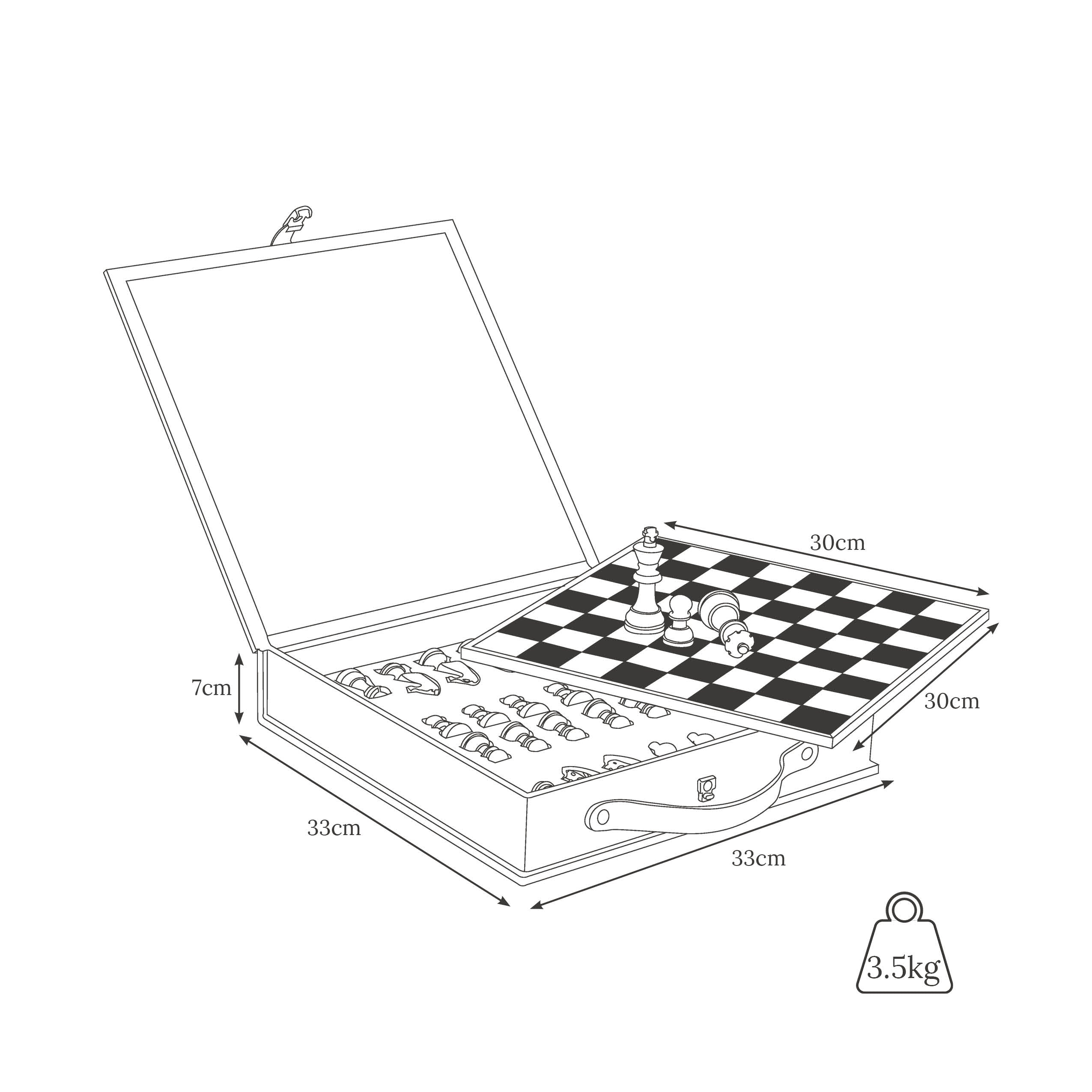 Line drawing of chess set open weight and dimensions