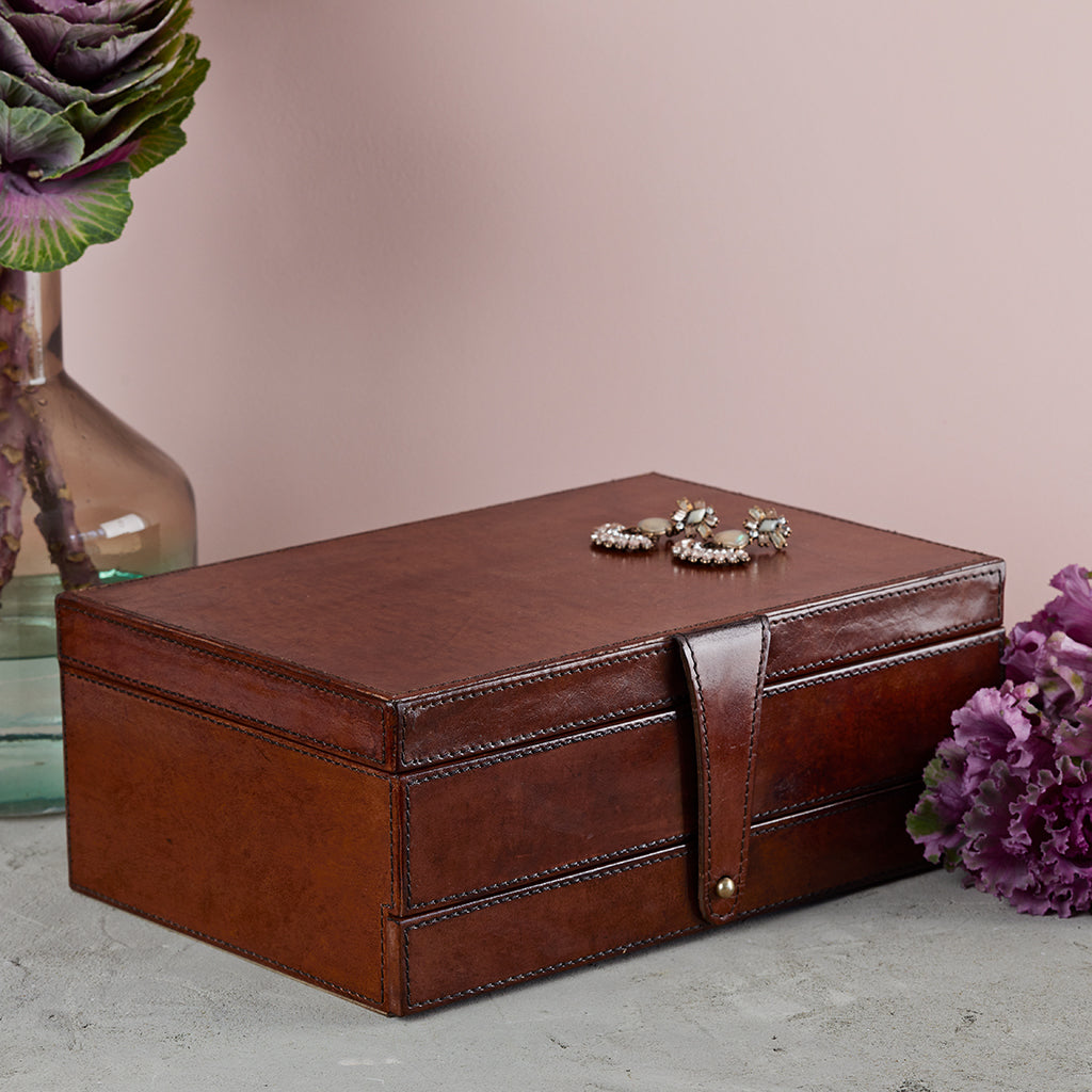 Leather jewellery box closed to show catch detail