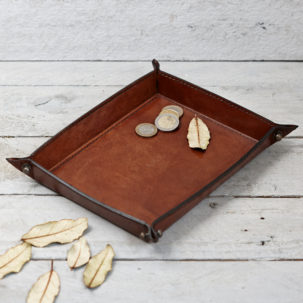 Leather coin / stach tray perfect for the bedside table, this gift has personalisation in the centre, inside
