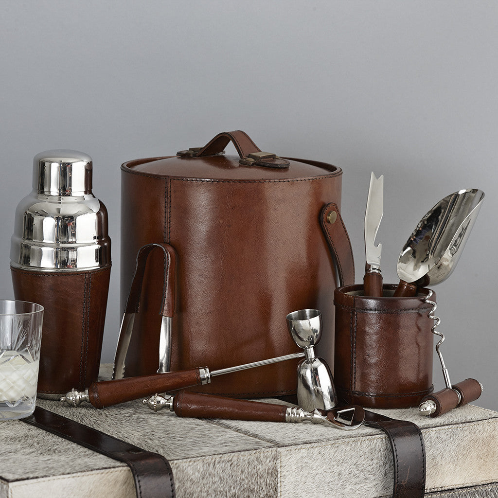 Complete cocktail hosting set in leather bound nickel