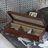 Conker leather cufflink box open to show the four compartments and faux suede lining