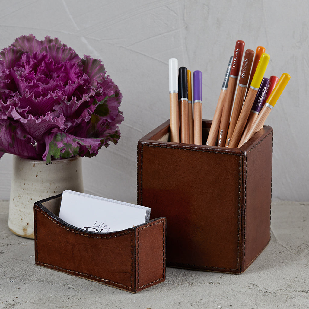 Conker business card holder with square pen pot 