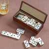 Personalised Leather dominoes box gift set, open to show the inside of the box and included dominoes
