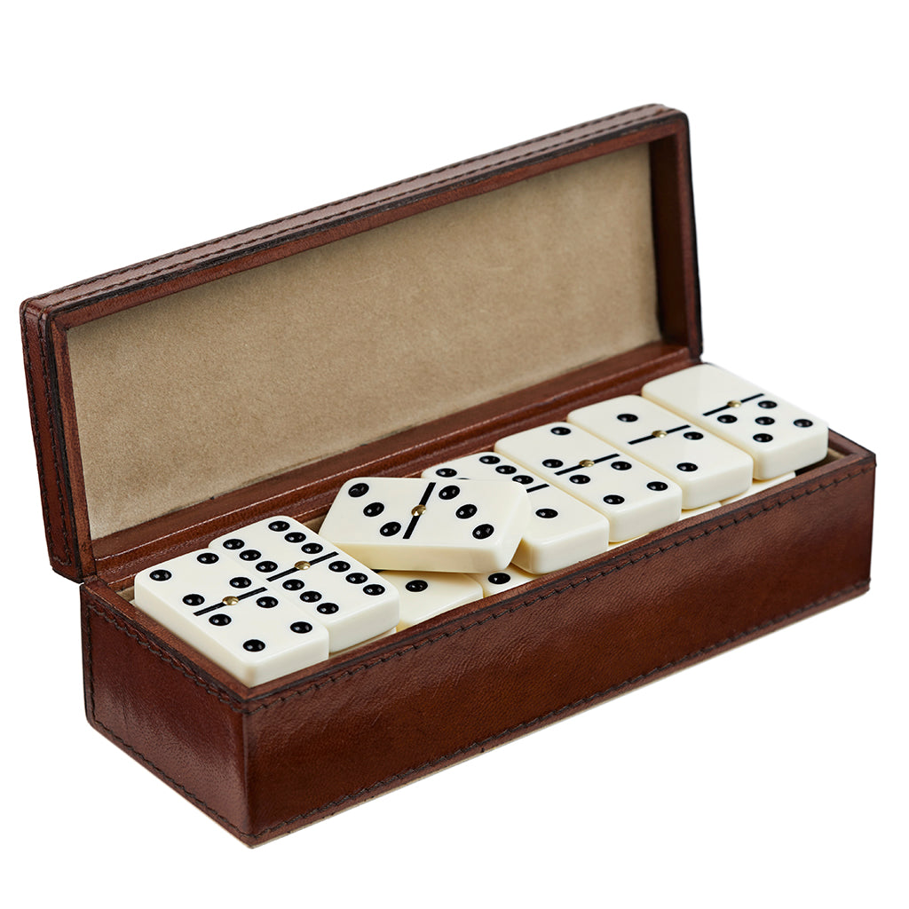 Leather dominoes box in conker brown 