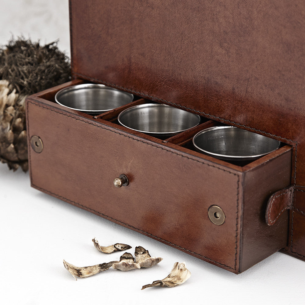 Drawer of the Leather Drinks Box with metal cups in 