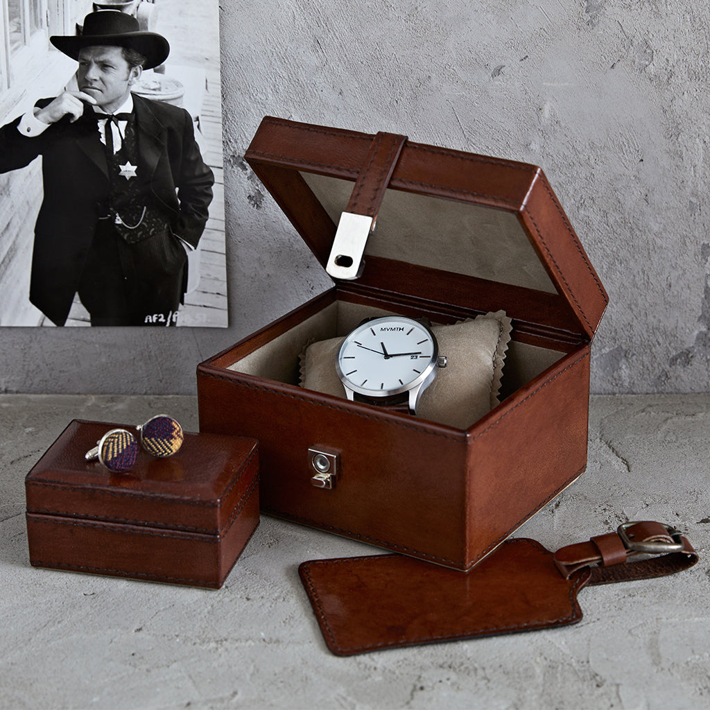 Leather home & away travel set in conker brown, consists of studkeep sake box, perfect for a watch, mini cufflink  box and luggage tag.