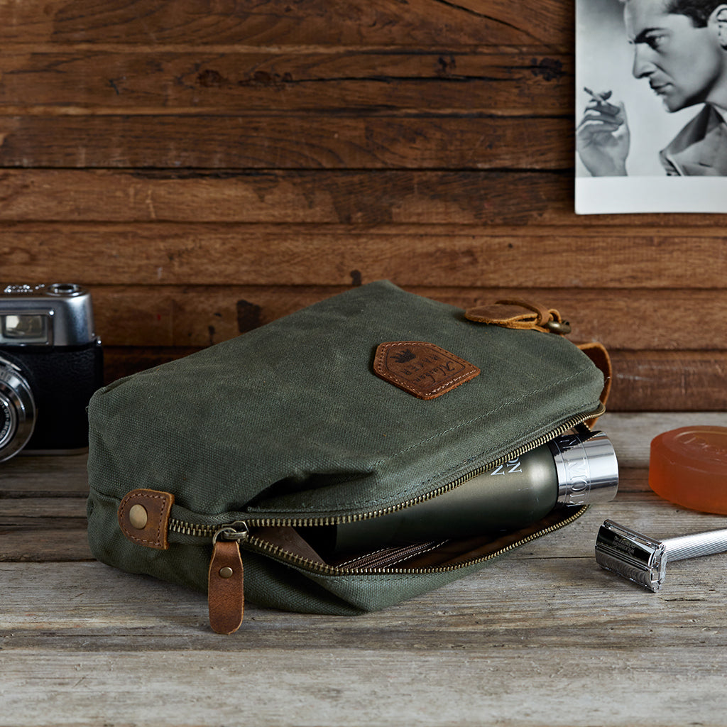 rugged khaki waxed canvas and leather toiletry bag