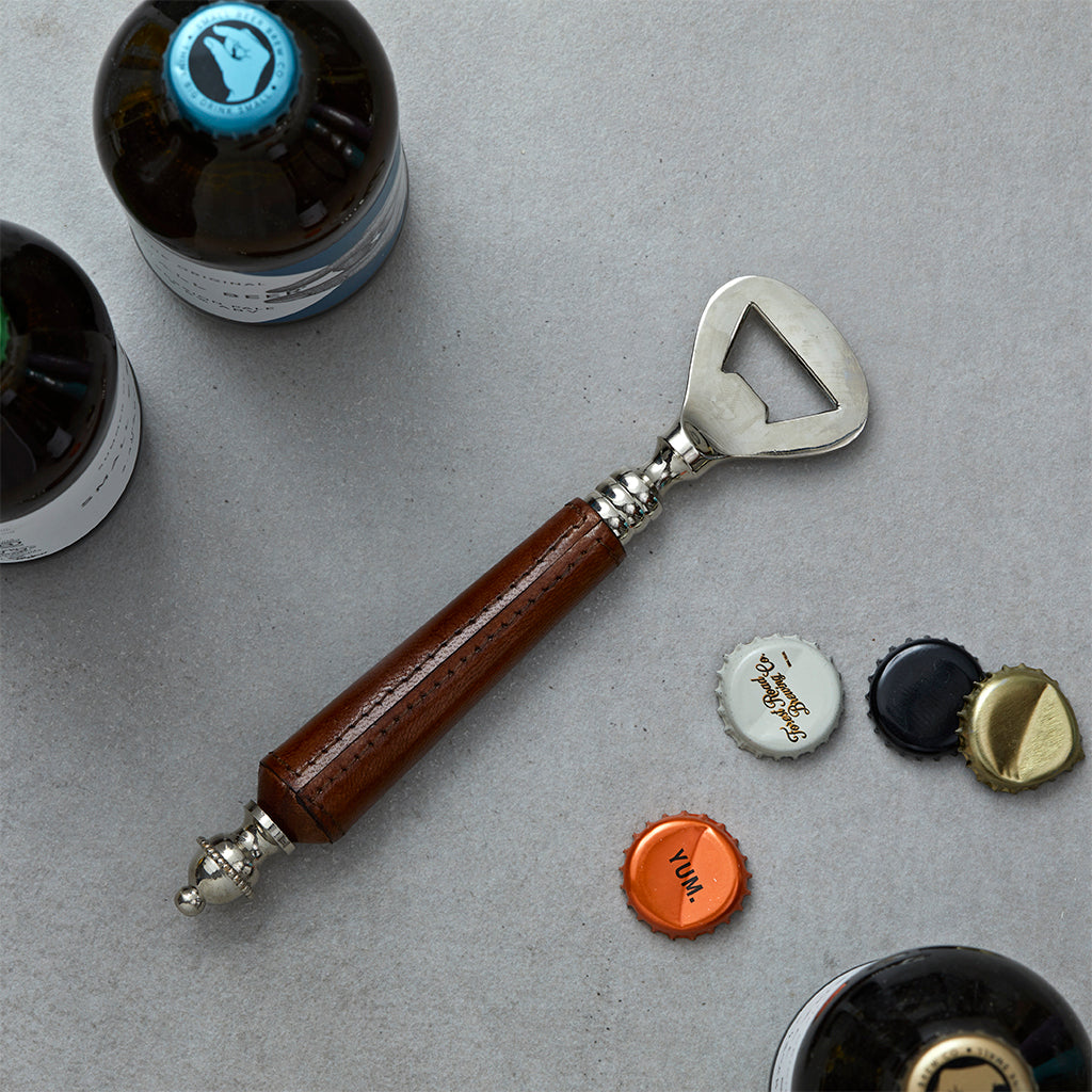 Leather handled bottle opener in conker brown