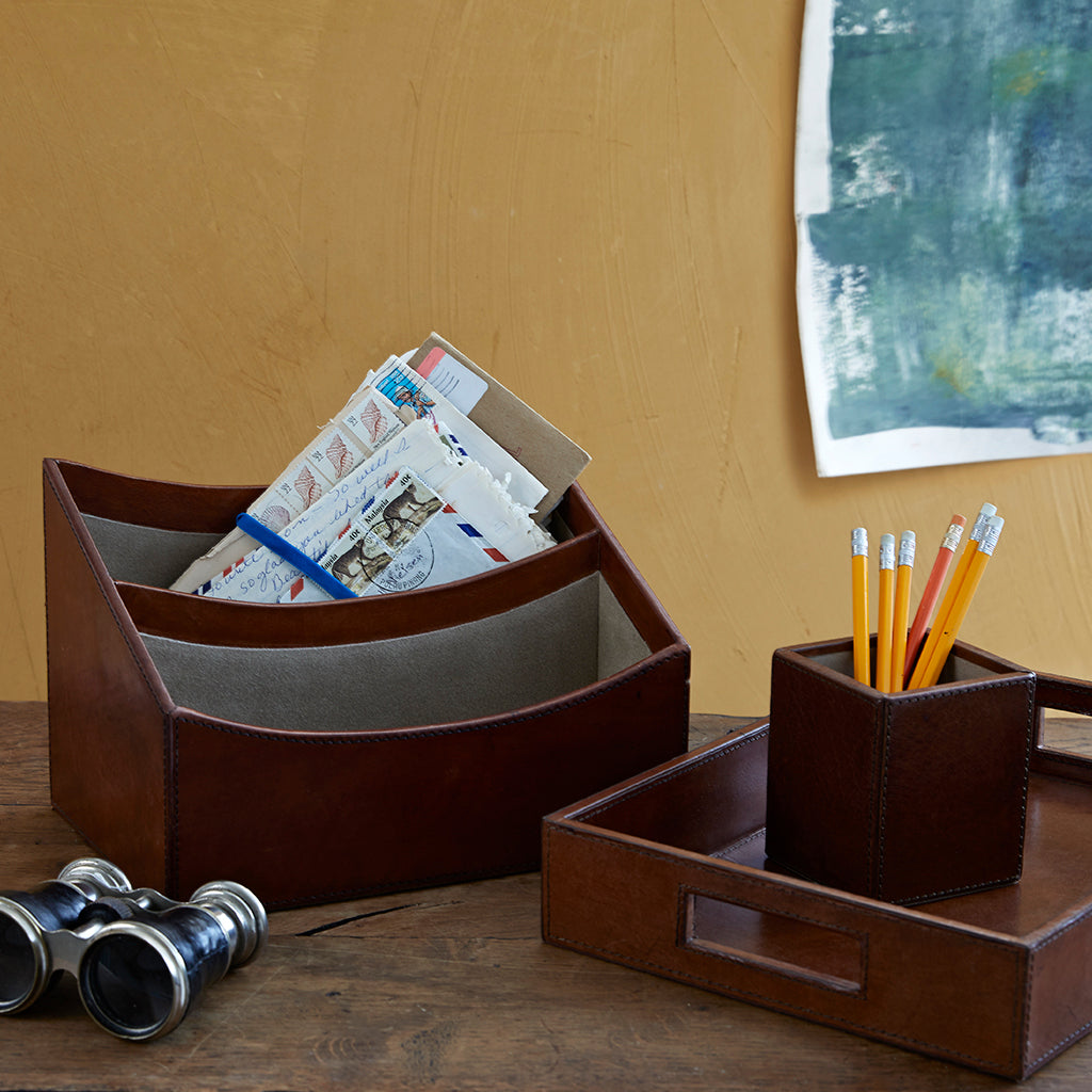 Leather hall desk set including letter rack, in tray and pen pot in conker brown leather