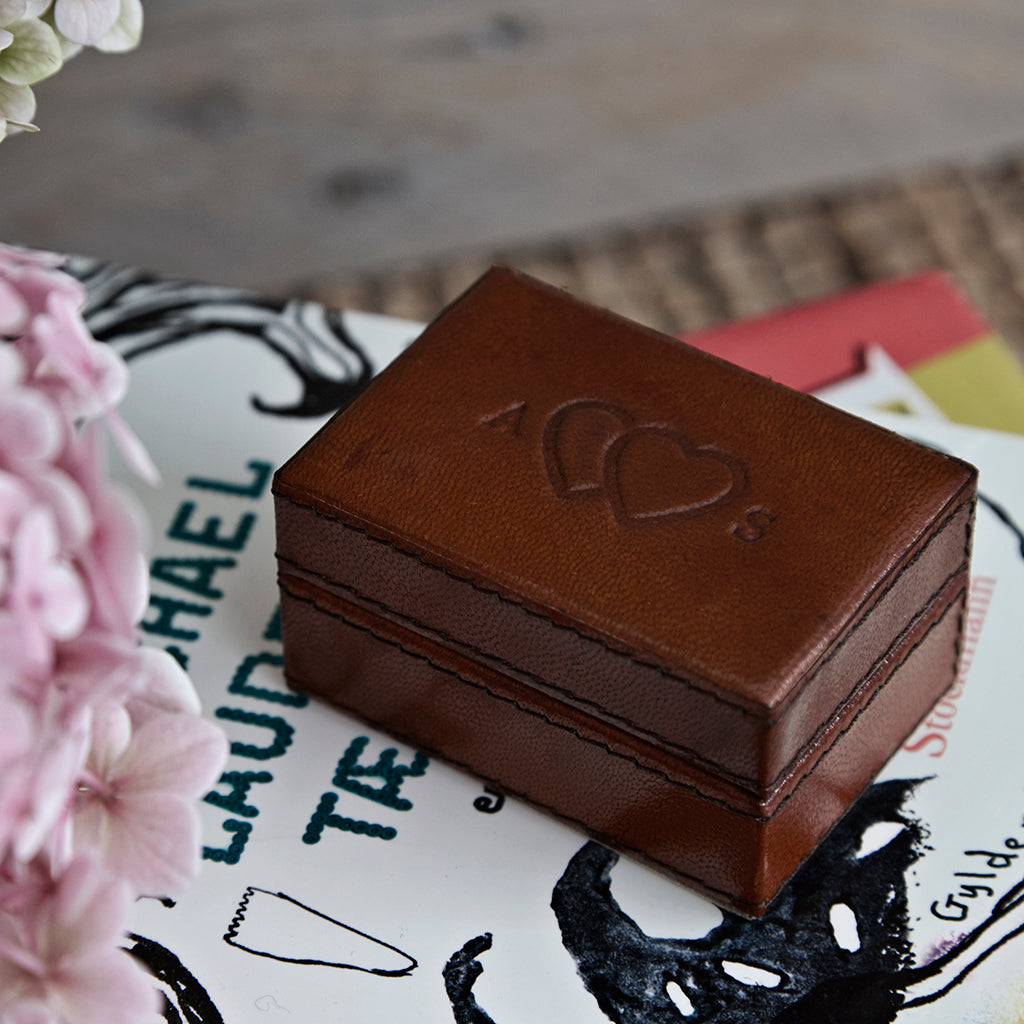 Leather mini cufflink box personalised with initials and linked hearts, perfect for an anniversay gift 