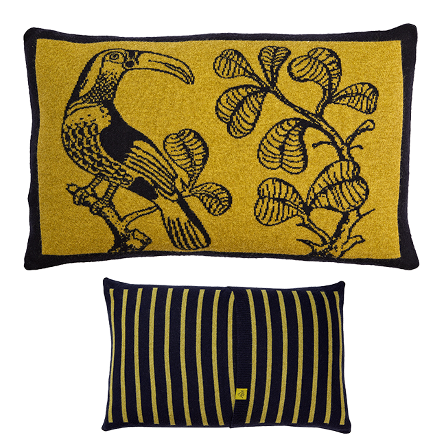 Toucan merino wool cushion cover in green and navy front and back