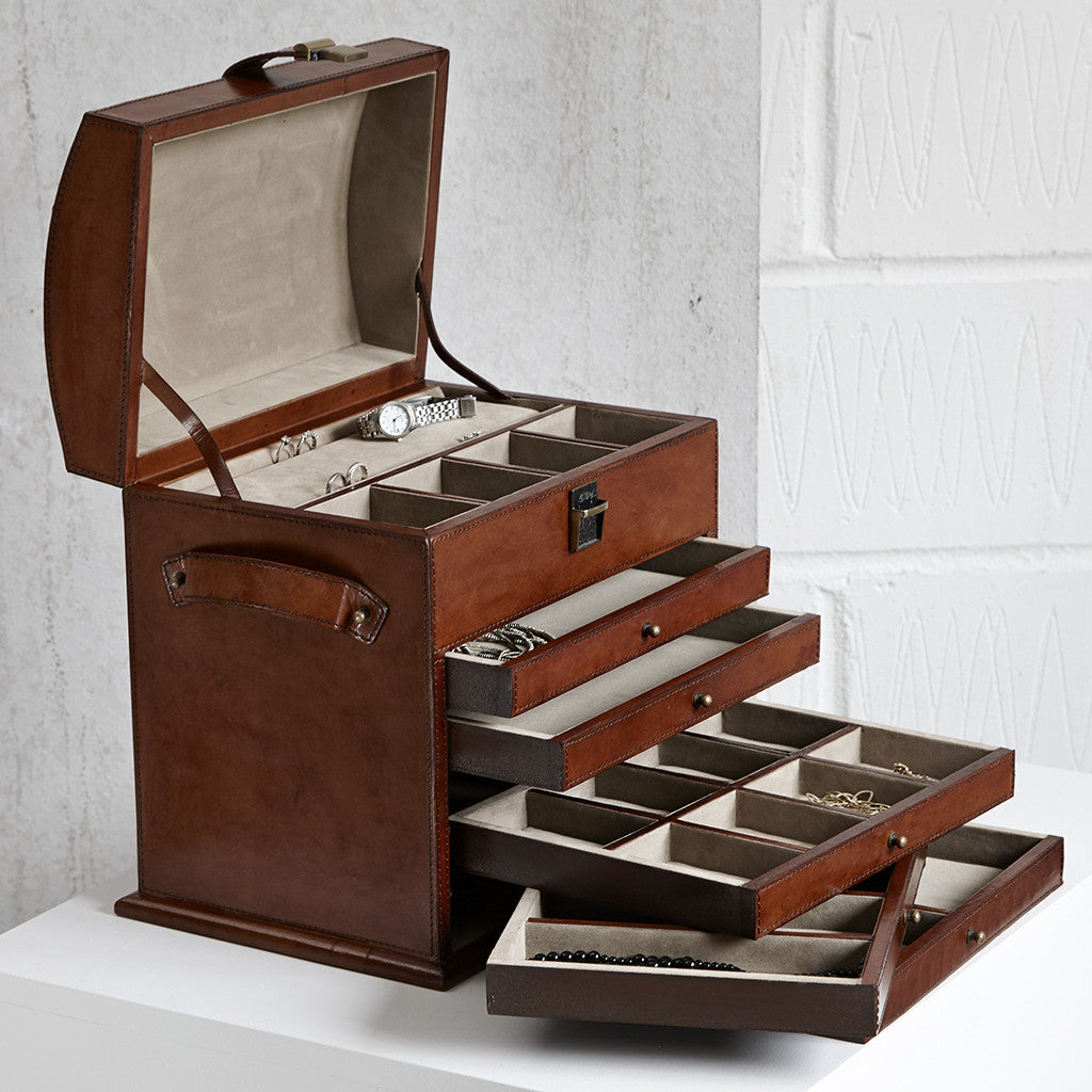 Leather jewellery organiser, shown with the lid and the drawers open