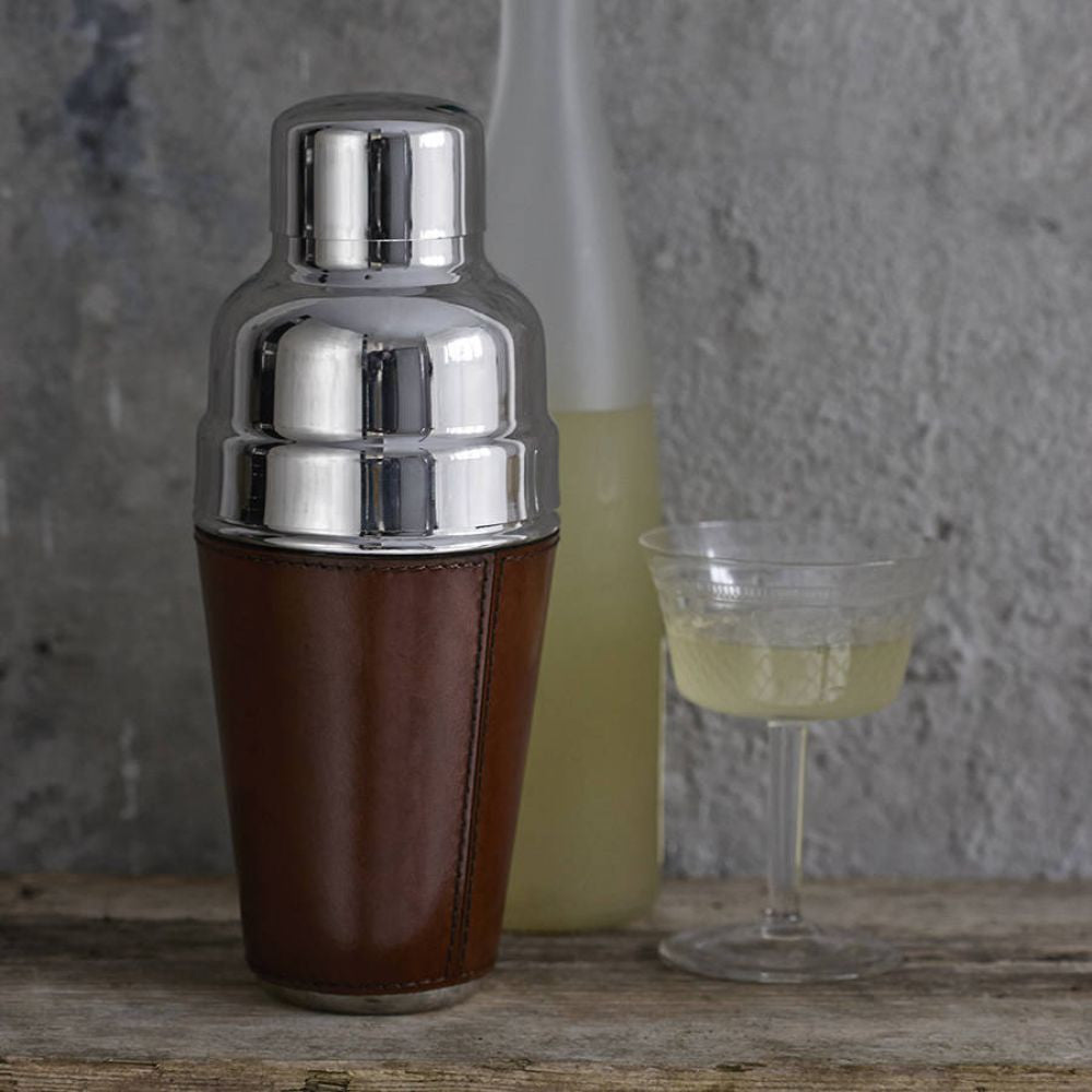 Conker brown leather and nickel cocktail shaker