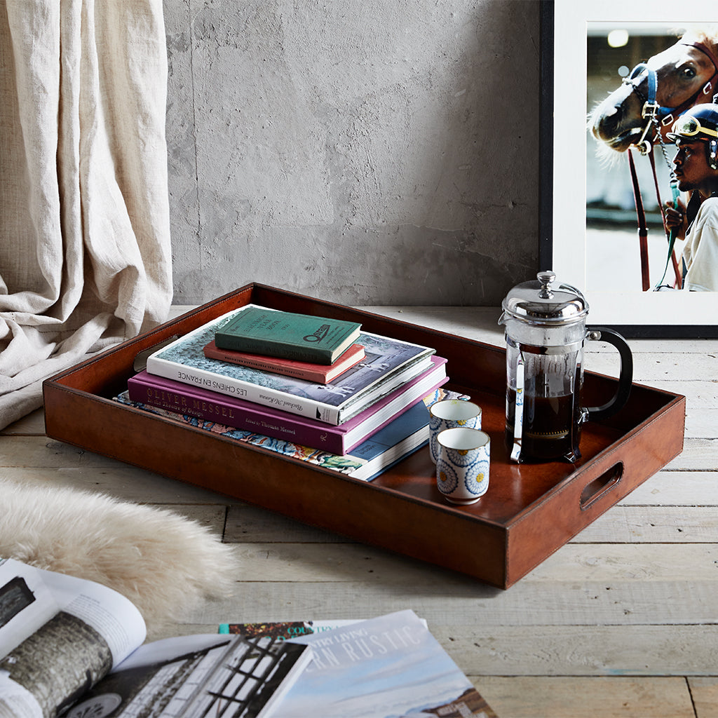 Conker leather ottoman tray 