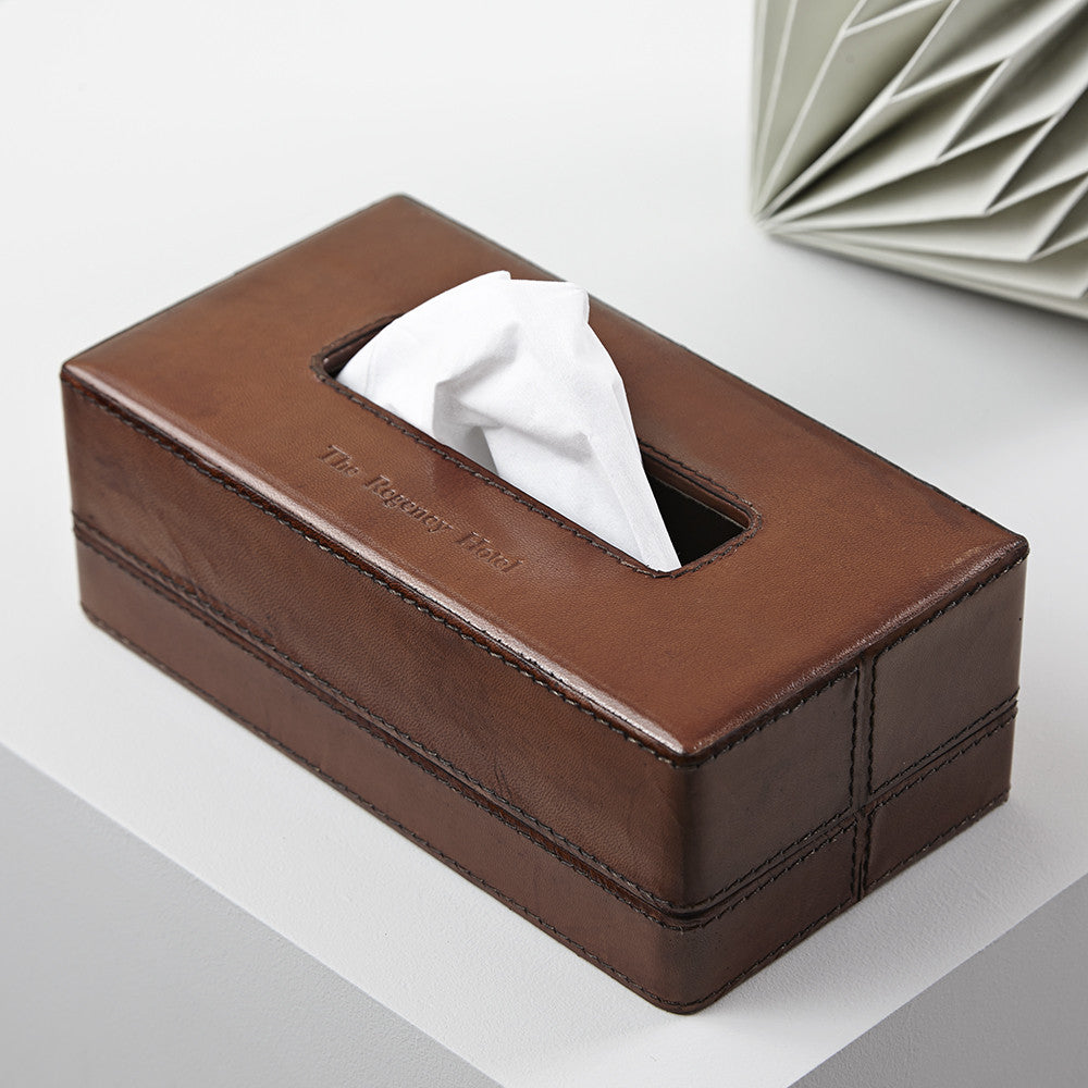 Leather tissue box with tissues in and embossed with personalisation