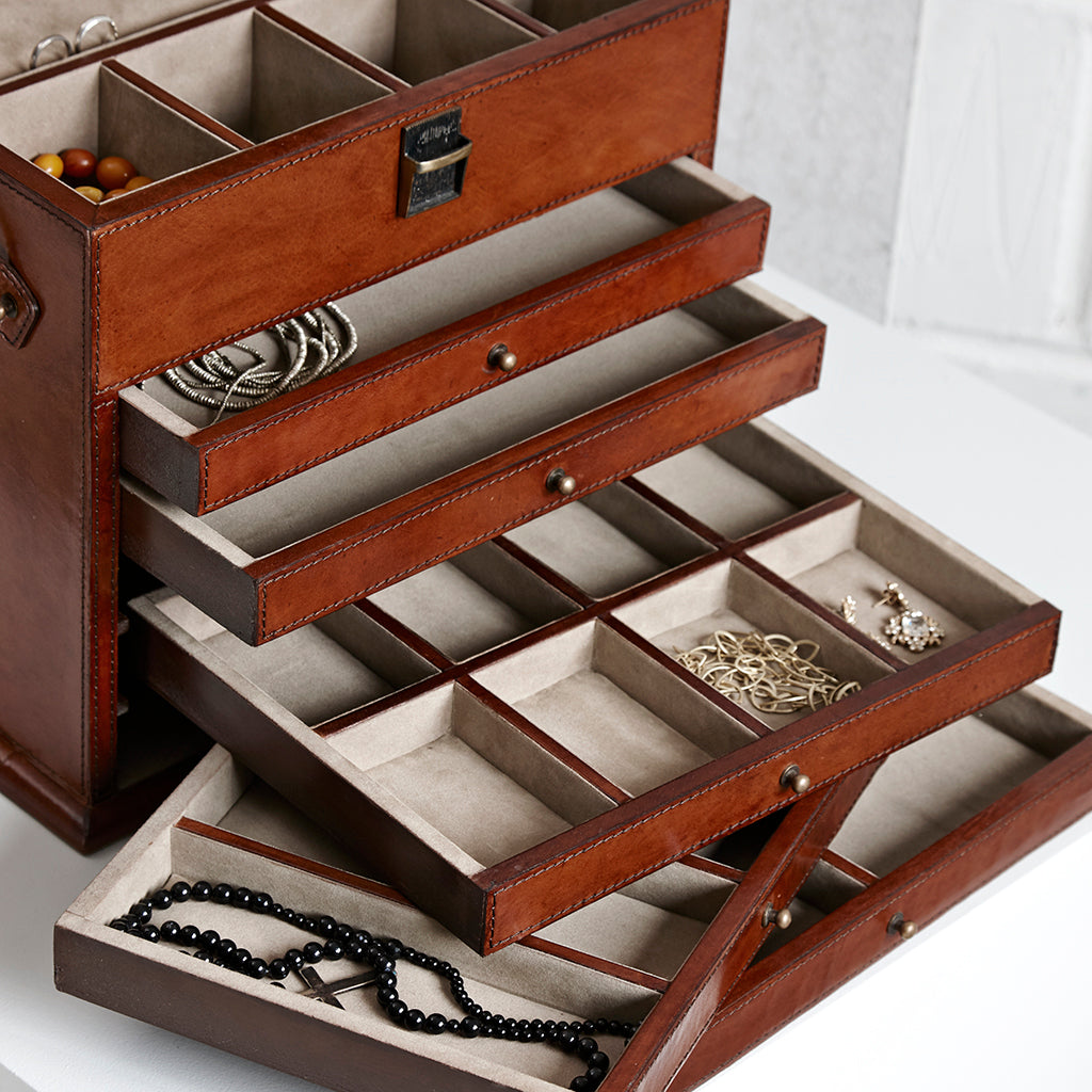 Shot of the close up of the five drawers to the leather jewellery organiser