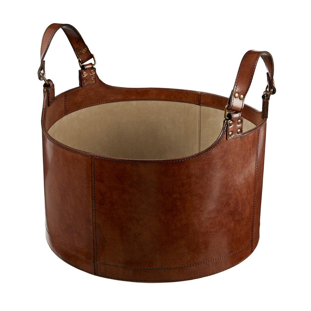 Leather round storage basket with sturdy handles