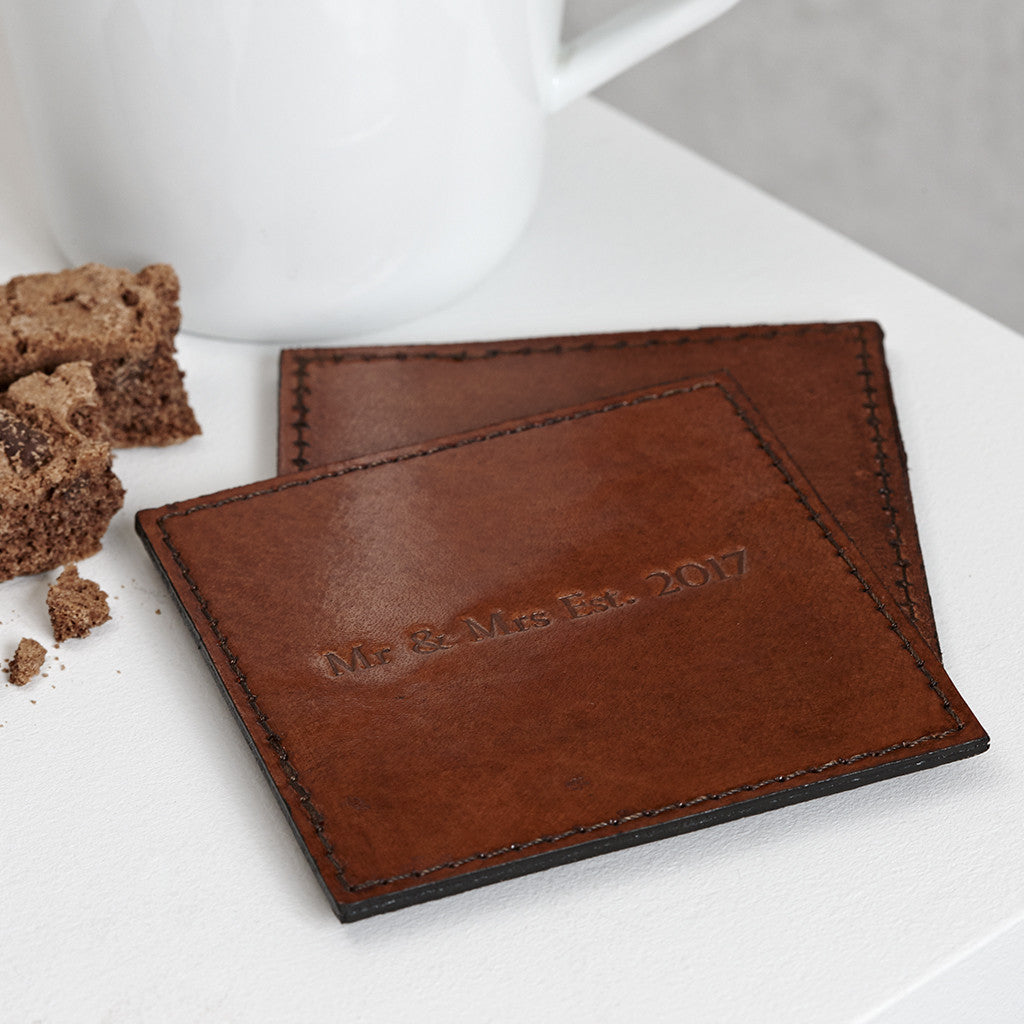 Square leather coaster with Mr and Mrs