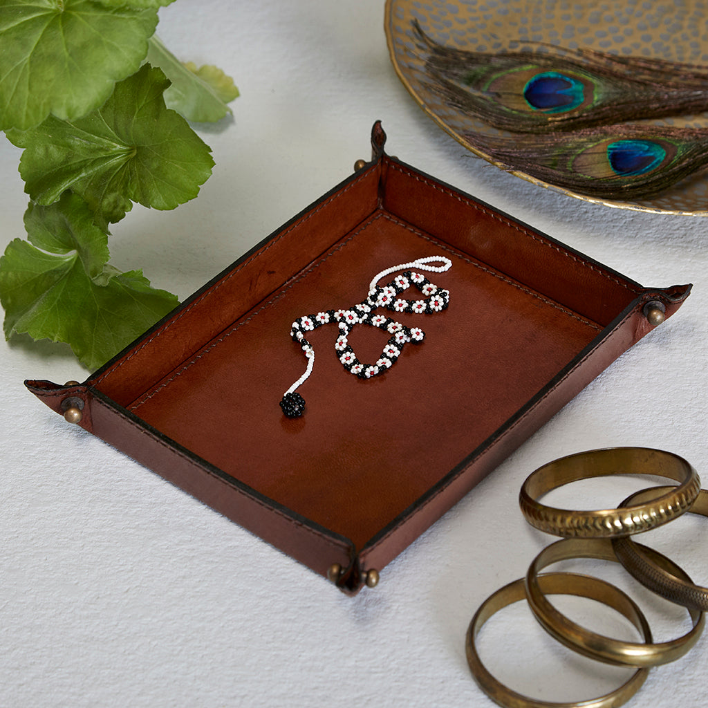 Conker brown leather coin tray