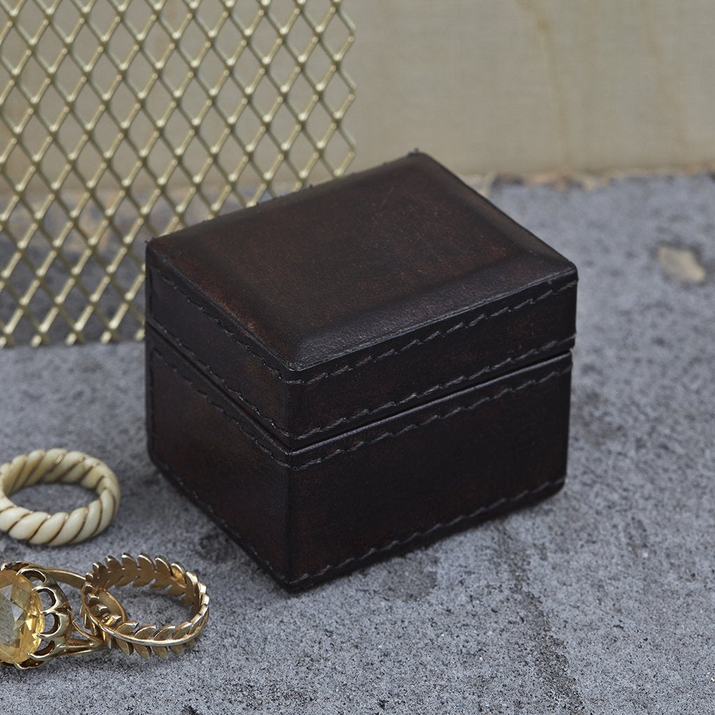 Tiny leather oblong trinket gift box in dark brown